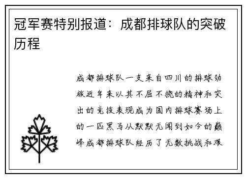 冠军赛特别报道：成都排球队的突破历程