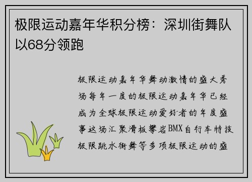极限运动嘉年华积分榜：深圳街舞队以68分领跑