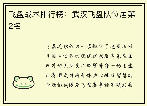 飞盘战术排行榜：武汉飞盘队位居第2名