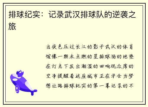 排球纪实：记录武汉排球队的逆袭之旅