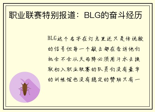 职业联赛特别报道：BLG的奋斗经历