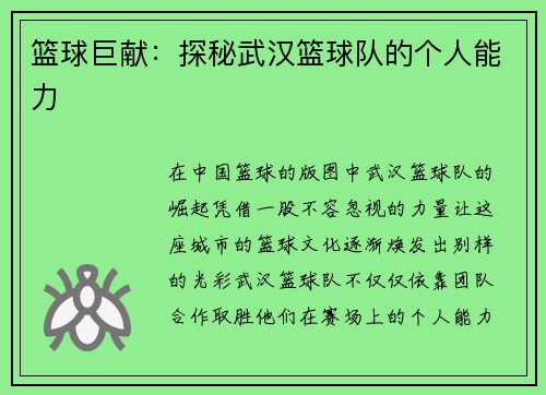 篮球巨献：探秘武汉篮球队的个人能力